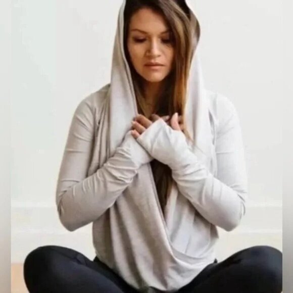 Zyia Active Yoga Shawl S - M Pullover Sweatshirt Hazer Grey Tan - Picture 6 of 8